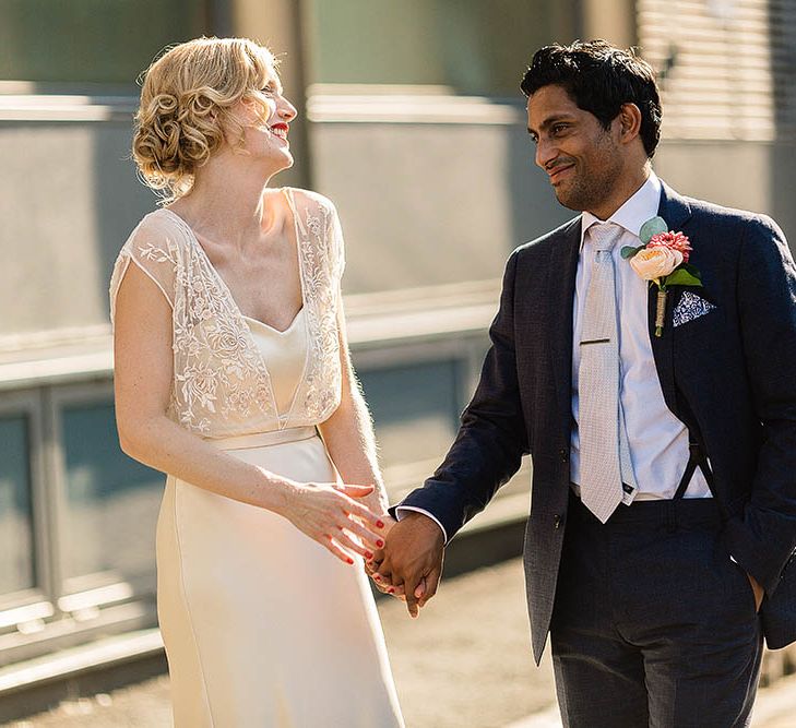 Glamorous Bride in Catherine Deane Zaden Wedding Dress & Groom in Banana Republic Suit