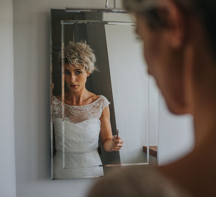 Stylish Usk Castle Wedding With Bride In Flower Crown With Pixie Crop & Bridesmaids In Tonal Blue Lace Dresses With Images From Magda K Photography