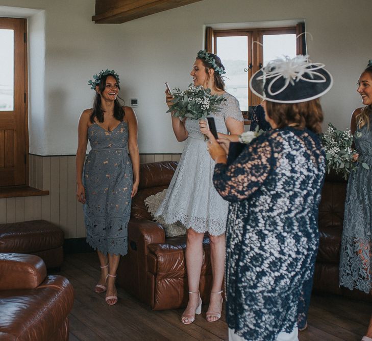 Stylish Usk Castle Wedding With Bride In Flower Crown With Pixie Crop & Bridesmaids In Tonal Blue Lace Dresses With Images From Magda K Photography