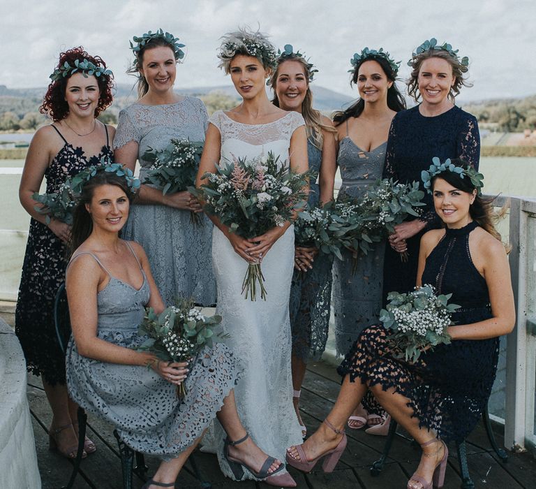 Stylish Usk Castle Wedding With Bride In Flower Crown With Pixie Crop & Bridesmaids In Tonal Blue Lace Dresses With Images From Magda K Photography