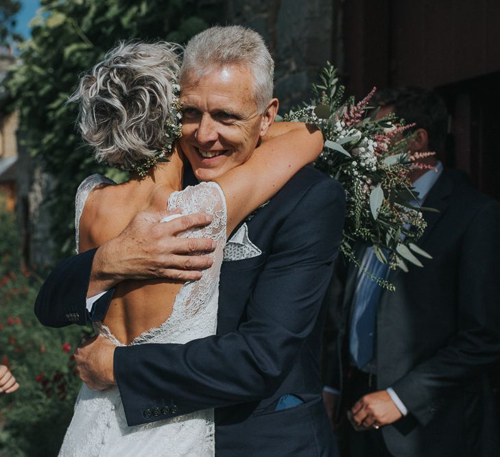 Stylish Usk Castle Wedding With Bride In Flower Crown With Pixie Crop & Bridesmaids In Tonal Blue Lace Dresses With Images From Magda K Photography