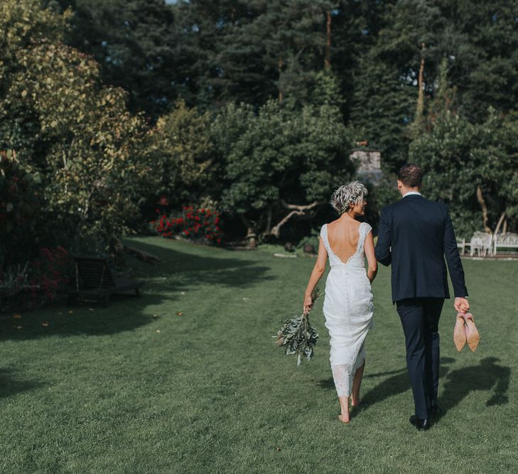 Stylish Usk Castle Wedding With Bride In Flower Crown With Pixie Crop & Bridesmaids In Tonal Blue Lace Dresses With Images From Magda K Photography