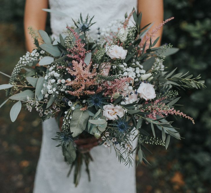 Stylish Usk Castle Wedding With Bride In Flower Crown With Pixie Crop & Bridesmaids In Tonal Blue Lace Dresses With Images From Magda K Photography