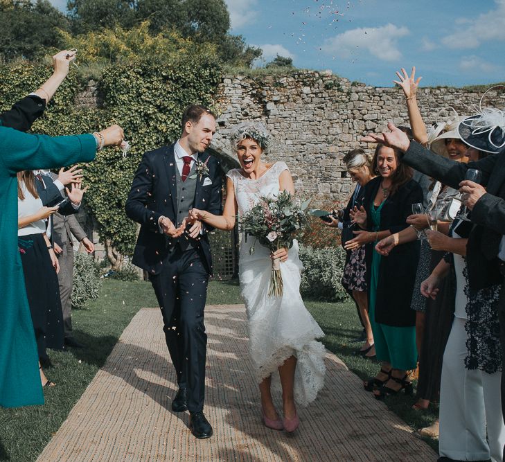 Stylish Usk Castle Wedding With Bride In Flower Crown With Pixie Crop & Bridesmaids In Tonal Blue Lace Dresses With Images From Magda K Photography