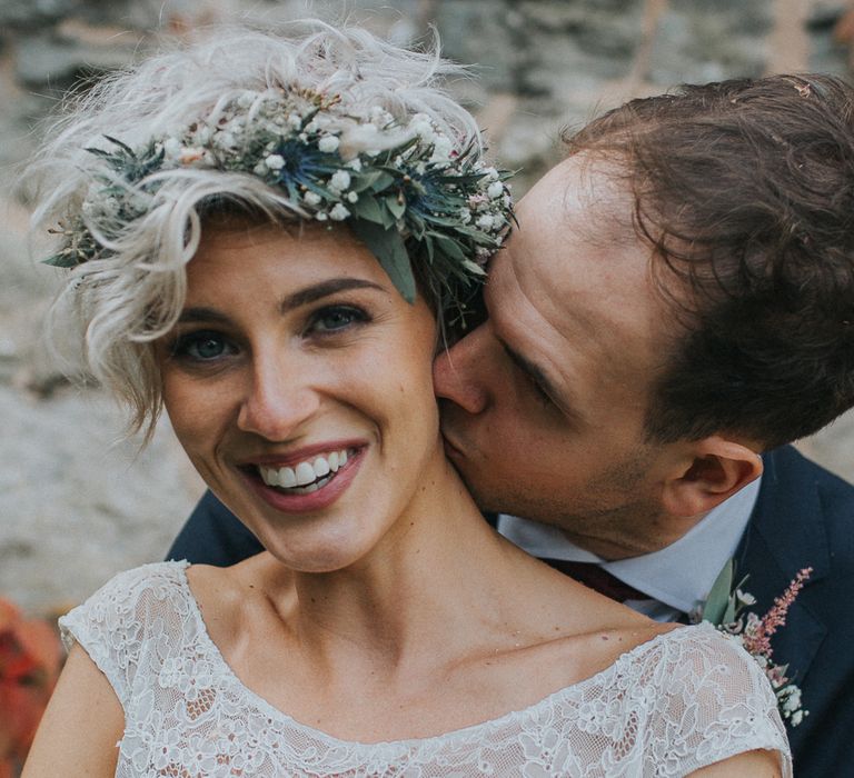 Stylish Usk Castle Wedding With Bride In Flower Crown With Pixie Crop & Bridesmaids In Tonal Blue Lace Dresses With Images From Magda K Photography