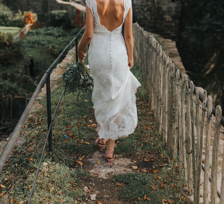 Stylish Usk Castle Wedding With Bride In Flower Crown With Pixie Crop & Bridesmaids In Tonal Blue Lace Dresses With Images From Magda K Photography