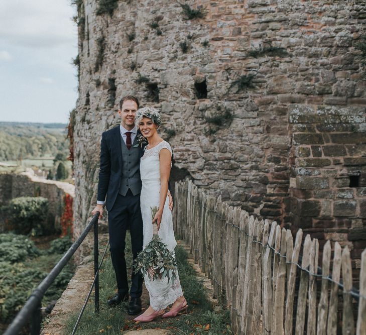 Stylish Usk Castle Wedding With Bride In Flower Crown With Pixie Crop & Bridesmaids In Tonal Blue Lace Dresses With Images From Magda K Photography