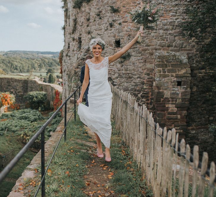 Stylish Usk Castle Wedding With Bride In Flower Crown With Pixie Crop & Bridesmaids In Tonal Blue Lace Dresses With Images From Magda K Photography