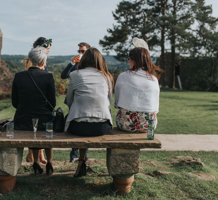 Stylish Usk Castle Wedding With Bride In Flower Crown With Pixie Crop & Bridesmaids In Tonal Blue Lace Dresses With Images From Magda K Photography