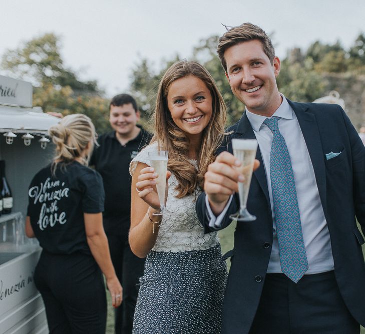 Stylish Usk Castle Wedding With Bride In Flower Crown With Pixie Crop & Bridesmaids In Tonal Blue Lace Dresses With Images From Magda K Photography