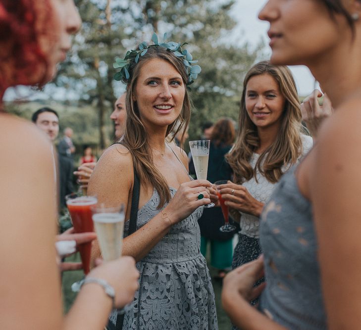 Stylish Usk Castle Wedding With Bride In Flower Crown With Pixie Crop & Bridesmaids In Tonal Blue Lace Dresses With Images From Magda K Photography