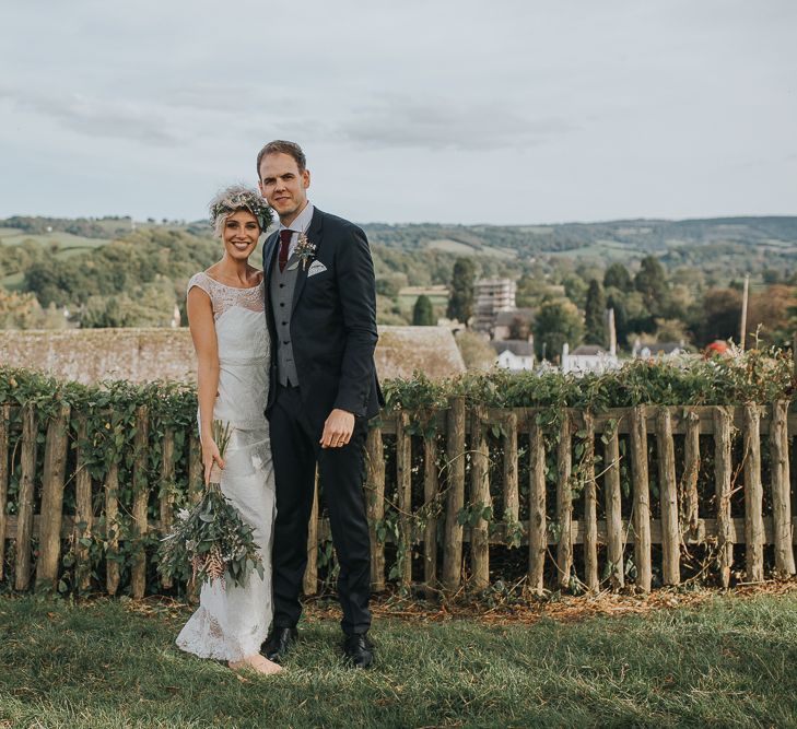 Stylish Usk Castle Wedding With Bride In Flower Crown With Pixie Crop & Bridesmaids In Tonal Blue Lace Dresses With Images From Magda K Photography