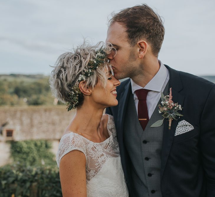 Stylish Usk Castle Wedding With Bride In Flower Crown With Pixie Crop & Bridesmaids In Tonal Blue Lace Dresses With Images From Magda K Photography