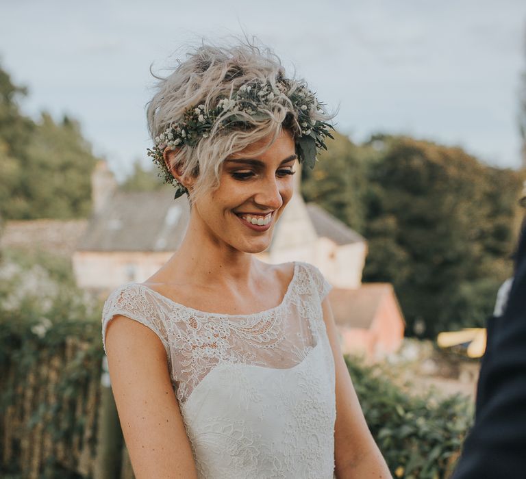 Stylish Usk Castle Wedding With Bride In Flower Crown With Pixie Crop & Bridesmaids In Tonal Blue Lace Dresses With Images From Magda K Photography