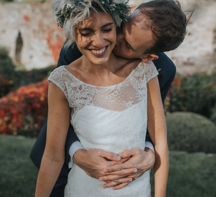 Stylish Usk Castle Wedding With Bride In Flower Crown With Pixie Crop & Bridesmaids In Tonal Blue Lace Dresses With Images From Magda K Photography