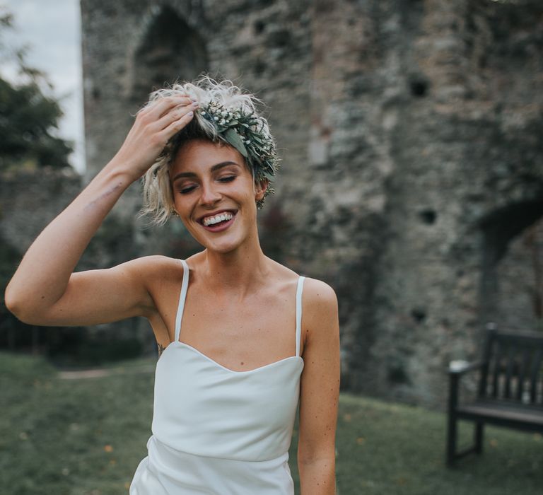 Stylish Usk Castle Wedding With Bride In Flower Crown With Pixie Crop & Bridesmaids In Tonal Blue Lace Dresses With Images From Magda K Photography