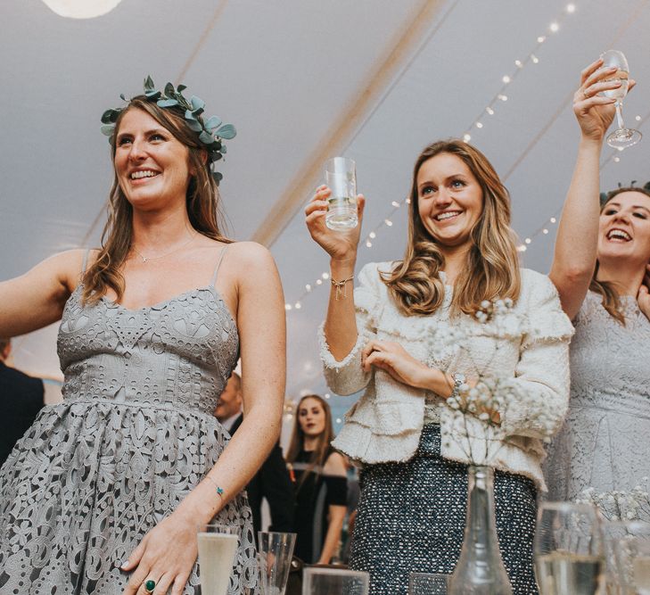 Stylish Usk Castle Wedding With Bride In Flower Crown With Pixie Crop & Bridesmaids In Tonal Blue Lace Dresses With Images From Magda K Photography