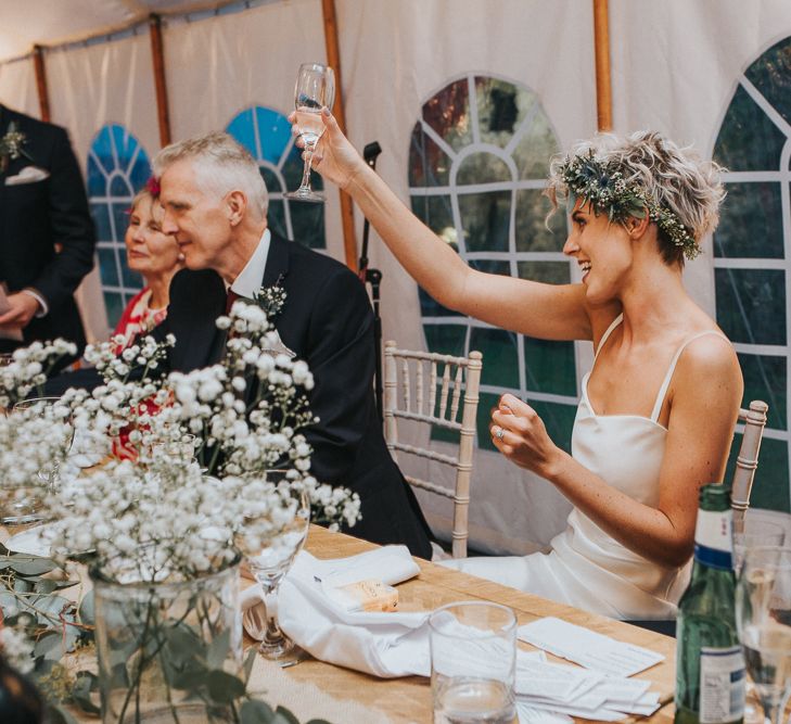 Stylish Usk Castle Wedding With Bride In Flower Crown With Pixie Crop & Bridesmaids In Tonal Blue Lace Dresses With Images From Magda K Photography