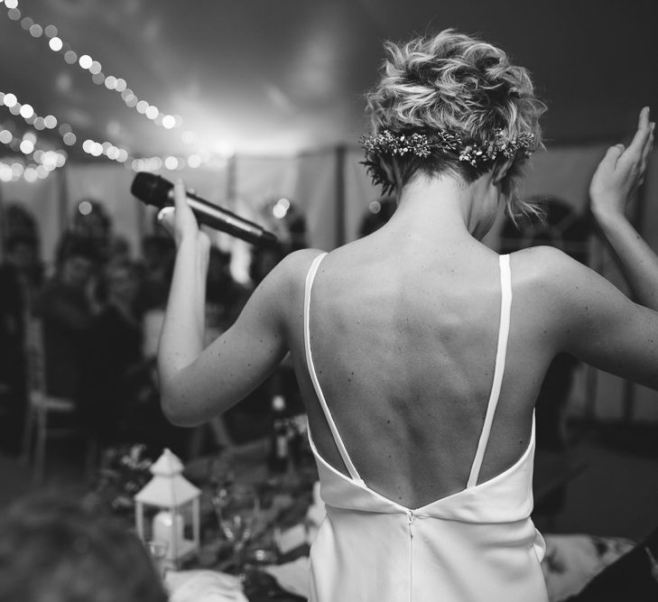 Stylish Usk Castle Wedding With Bride In Flower Crown With Pixie Crop & Bridesmaids In Tonal Blue Lace Dresses With Images From Magda K Photography