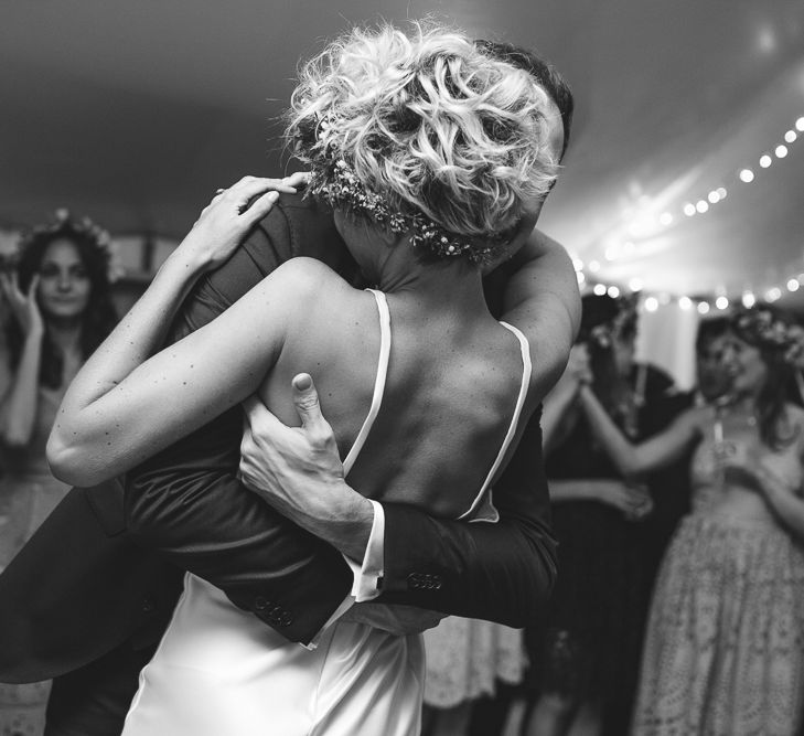 Stylish Usk Castle Wedding With Bride In Flower Crown With Pixie Crop & Bridesmaids In Tonal Blue Lace Dresses With Images From Magda K Photography