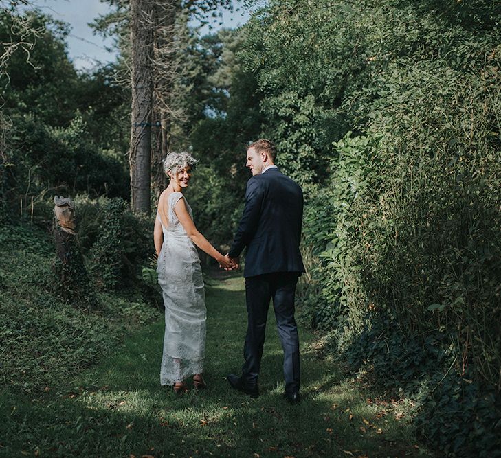 Stylish Usk Castle Wedding With Bride In Flower Crown With Pixie Crop & Bridesmaids In Tonal Blue Lace Dresses With Images From Magda K Photography