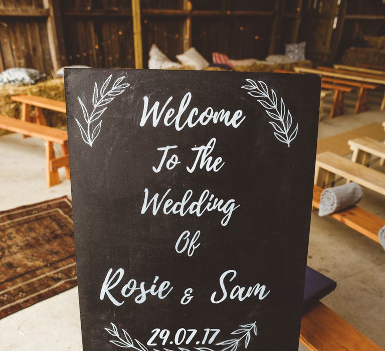 Chalkboard Welcome Sign For Wedding // Daisy By Halfpenny London For A Boho Barn Wedding In Yorkshire With Decor By Wild At Heart Weddings Images By Photography 34