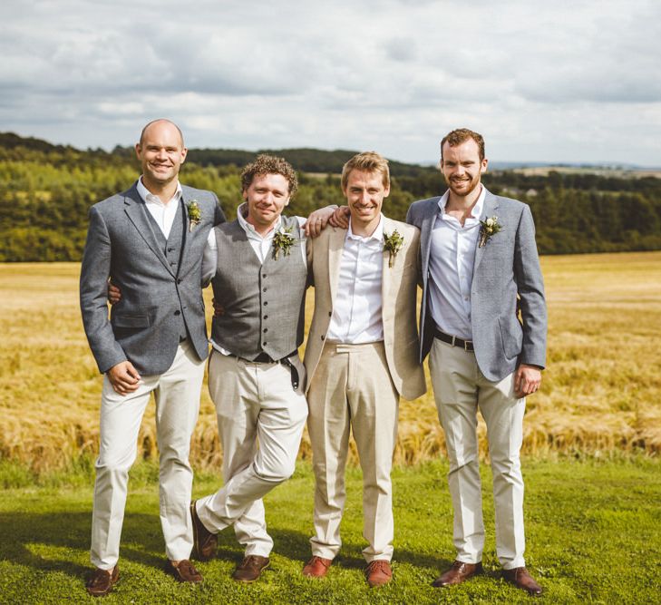 Groom & Groomsmen In Pale Chinos And Grey Textured Jackets By Reiss // Daisy By Halfpenny London For A Boho Barn Wedding In Yorkshire With Decor By Wild At Heart Weddings Images By Photography 34