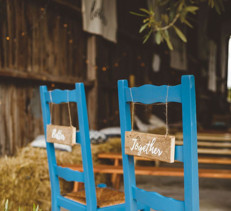 Blue Wooden Chairs For Wedding // Daisy By Halfpenny London For A Boho Barn Wedding In Yorkshire With Decor By Wild At Heart Weddings Images By Photography 34