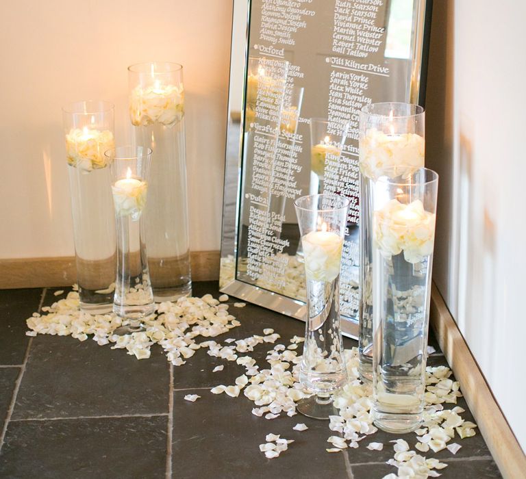 Etched Mirror Table Plan & Candles | Millbridge Court, Surrey | Anneli Marinovich Photography