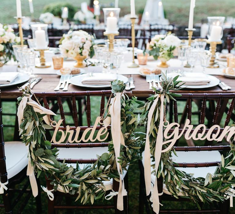 Bride & Groom Signs with Greenery Garland Chair Back Decor