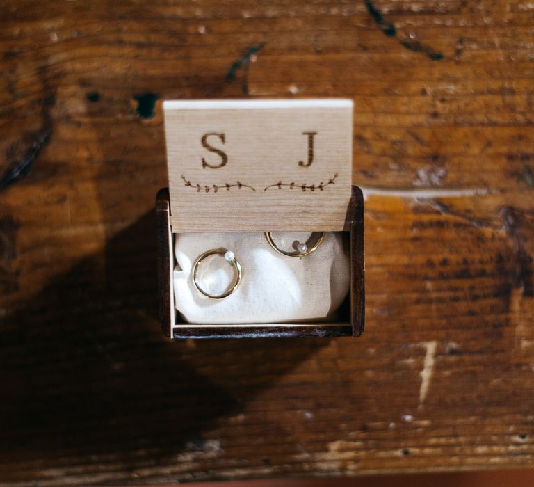 Wedding Bands with Engraved Wooden Initial Box