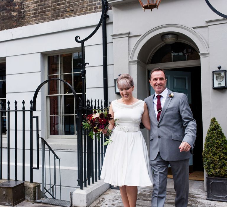 Bride in Bespoke Tea Length Wedding Dress | 60s Inspired London Pub Wedding | The Peasant | Babb Photo