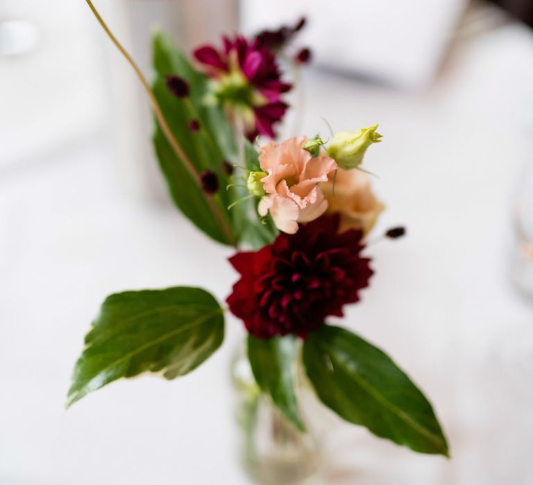 Red Dahlia Stems in Vases | Wedding Decor | 60s Inspired London Pub Wedding | The Peasant | Babb Photo