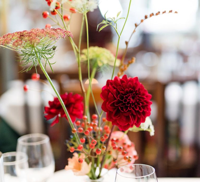 Red Dahlia Stems in Vases | Wedding Decor | 60s Inspired London Pub Wedding | The Peasant | Babb Photo