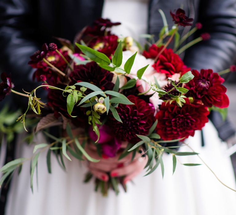 Red Dalia Wedding Bouquet | 60s Inspired London Pub Wedding | The Peasant | Babb Photo