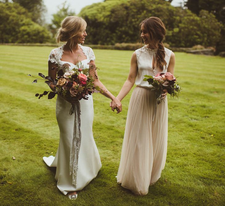 Bridesmaid in Separates Needle & Thread Tulle Skirt & Pinko Silk Blouse | Bride in Sassi Holford Gown