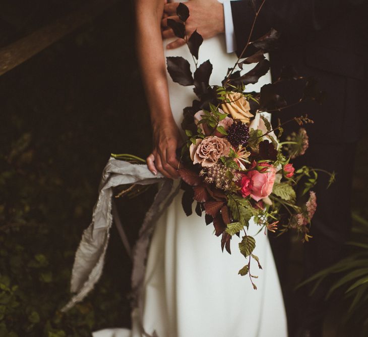 Loose Autumnal Bridal Bouquet with Grey Ribbon