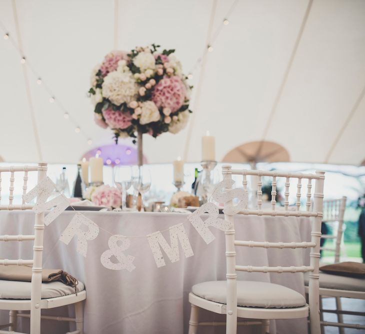 Blush & White Floral Centrepieces & Mr & Mrs Chair Back Decor