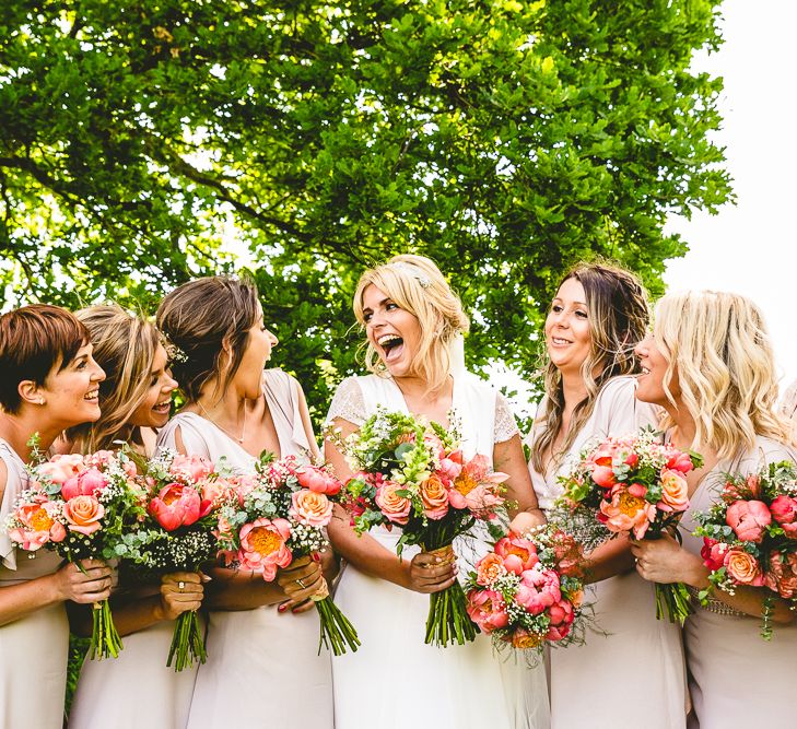 Bridesmaids In ASOS With Pink Peony Bouquets