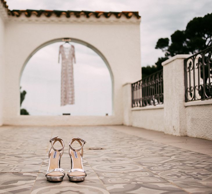 Metallic Silver Steve Madden Shoes | Embellished Ze García Bridal Gown with Front Split | Stylish Outdoor Wedding at Masia Casa del Mar in Barcelona, Spain | Sara Lobla Photography | Made in Video Film