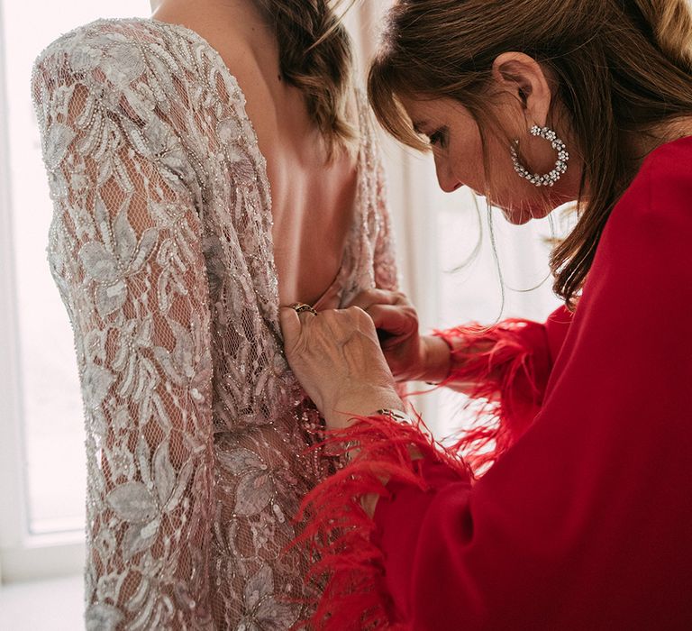 Bridal Preparations | Embellished Ze García Bridal Gown with Front Split | Stylish Outdoor Wedding at Masia Casa del Mar in Barcelona, Spain | Sara Lobla Photography | Made in Video Film