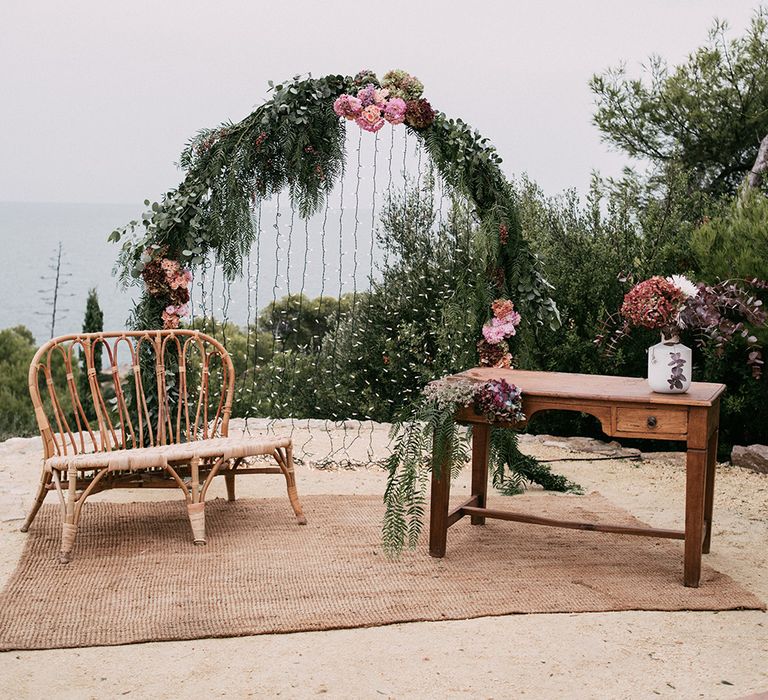 Wedding Ceremony Decor | Floral Arch | Stylish Outdoor Wedding at Masia Casa del Mar in Barcelona, Spain | Sara Lobla Photography | Made in Video Film