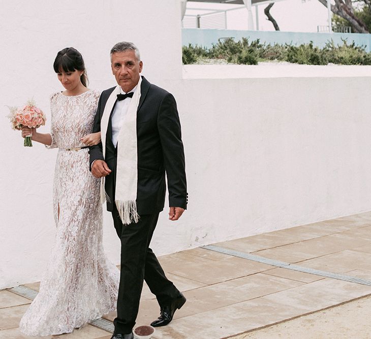 Bride in Embellished Ze García Bridal Gown with Front Split | Father of the Bride in Black Tie Suit | Stylish Outdoor Wedding at Masia Casa del Mar in Barcelona, Spain | Sara Lobla Photography | Made in Video Film