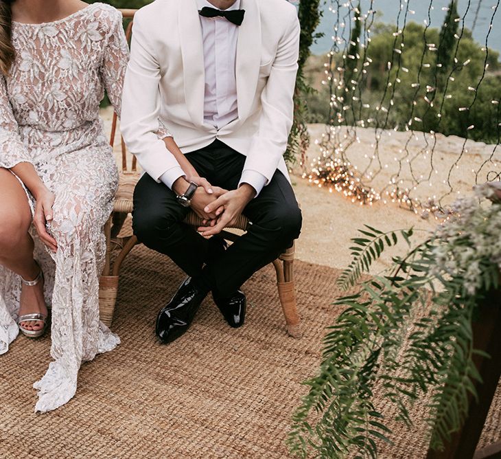 Wedding Ceremony | Bride in Embellished Ze García Bridal Gown with Front Split | Groom in Tailor Made Tom Black Suit | Stylish Outdoor Wedding at Masia Casa del Mar in Barcelona, Spain | Sara Lobla Photography | Made in Video Film