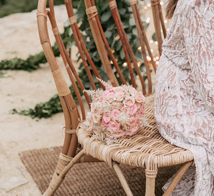 Pink Bridal Bouquet | Bride in Embellished Ze García Bridal Gown with Front Split | Stylish Outdoor Wedding at Masia Casa del Mar in Barcelona, Spain | Sara Lobla Photography | Made in Video Film