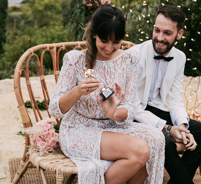 Wedding Ceremony | Bride in Embellished Ze García Bridal Gown with Front Split | Groom in Tailor Made Tom Black Suit | Stylish Outdoor Wedding at Masia Casa del Mar in Barcelona, Spain | Sara Lobla Photography | Made in Video Film