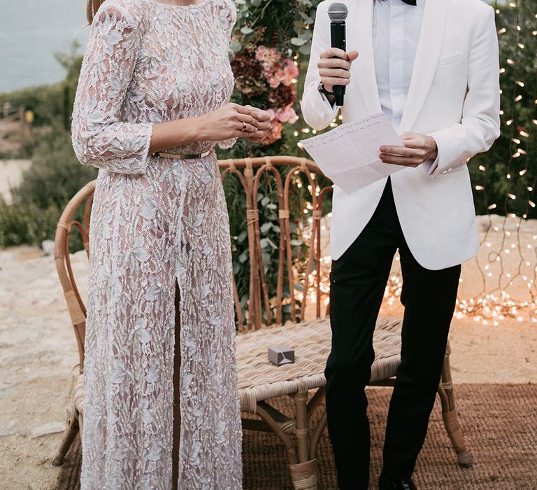 Wedding Ceremony | Bride in Embellished Ze García Bridal Gown with Front Split | Groom in Tailor Made Tom Black Suit | Stylish Outdoor Wedding at Masia Casa del Mar in Barcelona, Spain | Sara Lobla Photography | Made in Video Film