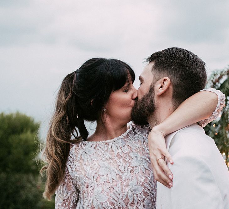 Wedding Ceremony | Bride in Embellished Ze García Bridal Gown with Front Split | Groom in Tailor Made Tom Black Suit | Stylish Outdoor Wedding at Masia Casa del Mar in Barcelona, Spain | Sara Lobla Photography | Made in Video Film