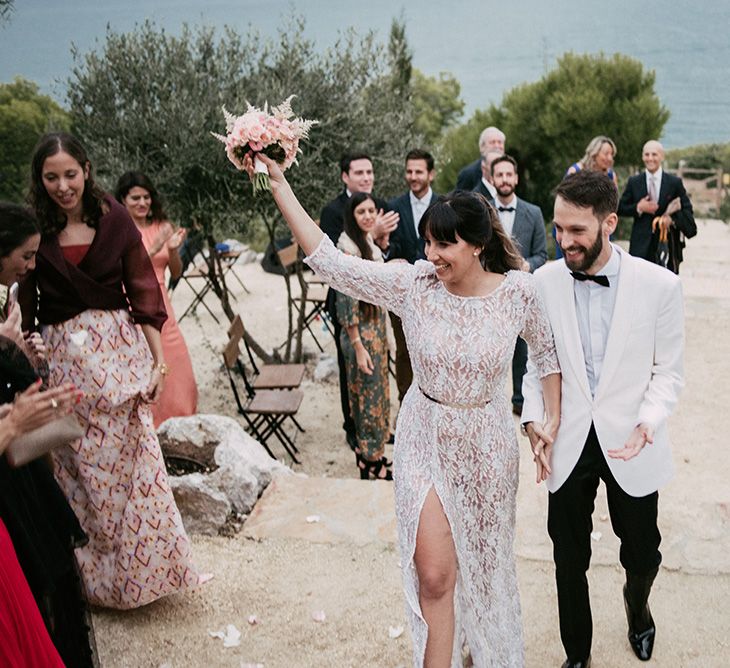 Wedding Ceremony | Bride in Embellished Ze García Bridal Gown with Front Split | Groom in Tailor Made Tom Black Suit | Stylish Outdoor Wedding at Masia Casa del Mar in Barcelona, Spain | Sara Lobla Photography | Made in Video Film