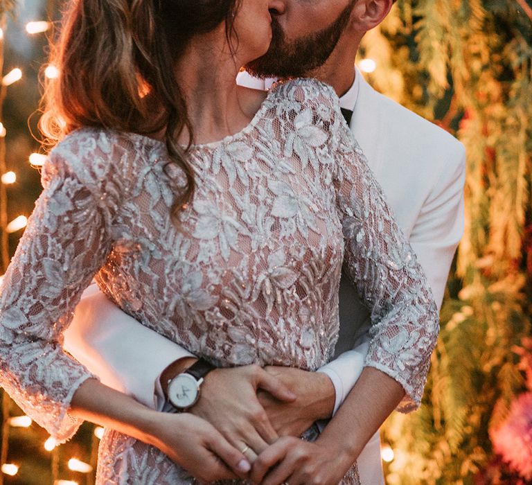 Bride in Embellished Ze García Bridal Gown with Front Split | Groom in Tailor Made Tom Black Suit | Stylish Outdoor Wedding at Masia Casa del Mar in Barcelona, Spain | Sara Lobla Photography | Made in Video Film